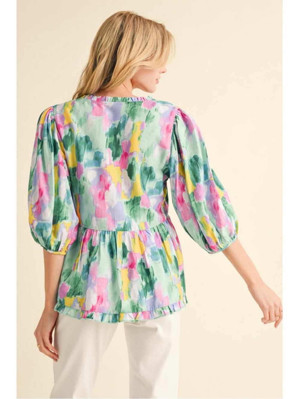 JODIFL Multicolor V-Neck Peplum Blouse - Green Pink Yellow Blue - Picture 2 of 4